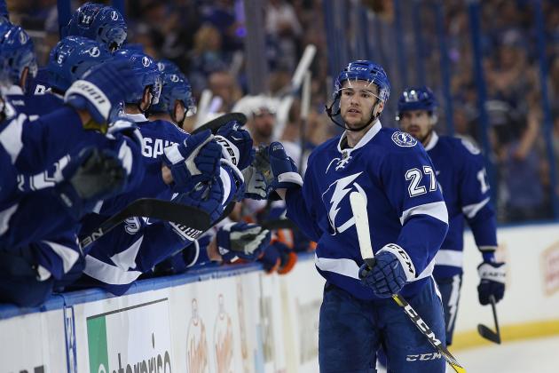 TAMPA, FL - APRIL 30:  Jonathan Drouin #27 of the Tampa Bay Lightning skates along the bench in Game Two of the Eastern Conference Second Round during the 2016 NHL Stanley Cup Playoffs at Amalie Arena on April 30, 2016 in Tampa, Florida. (Photo by Scott Iskowitz/Getty Images)