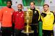 (From L) Bayern Munich's defender Jerome Boateng, Bayern Munich's Spanish head coach Pep Guardiola, Dortmund's head coach Thomas Tuchel and Dortmund's defender Marcel Schmelzer pose behind the German Cup (DFB Pokal) trophy on the eve of the German Cup final football match Bayern Munich vs Borussia Dortmund at the Olympic stadium in Berlin on May 20, 2016. / AFP / TOBIAS SCHWARZ (Photo credit should read TOBIAS SCHWARZ/AFP/Getty Images)