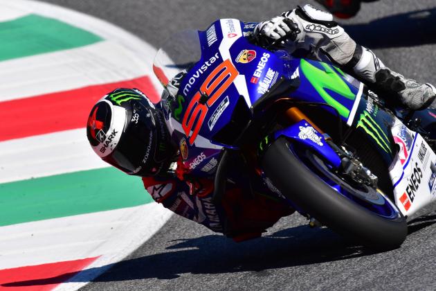 Spain's rider Jorge Lorenzo steers his Movistar Yamaha during the third Free Practice session on the eve of the Italian MotoGP Grand Prix at the racetrack in Mugello on May 21, 2016. / AFP / GIUSEPPE CACACE        (Photo credit should read GIUSEPPE CACACE/AFP/Getty Images)