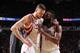 HOUSTON, TX - APRIL 24: James Harden #13 of the Houston Rockets and Donatas Motiejunas #20 of the Houston Rockets talk during the game against the Golden State Warriors in Game Four of the Western Conference Quarterfinals during the 2016 NBA Playoffs on April 24, 2016 at the Toyota Center in Houston, Texas. NOTE TO USER: User expressly acknowledges and agrees that, by downloading and or using this photograph, User is consenting to the terms and conditions of the Getty Images License Agreement. Mandatory Copyright Notice: Copyright 2016 NBAE (Photo by Bill Baptist/NBAE via Getty Images)