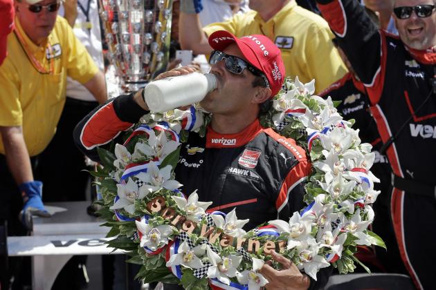 FILE -  In this May 24, 2015, file photo,  Juan Pablo Montoya, of Colombia, celebrates after winning the 99th running of the Indianapolis 500 auto race at Indianapolis Motor Speedway in Indianapolis. The next two weeks will be spent balancing the obligations of racing and promoting the 100th running of the Indianapolis 500. (AP Photo/Darron Cummings, File)