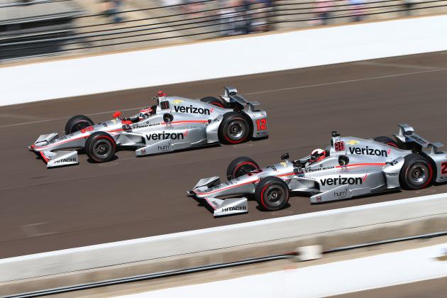May 27, 2016; Indianapolis, IN, USA; IndyCar Series driver Will Power (left) races alongside teammate Juan Pablo Montoya during Carb Day for the Indianapolis 500 at Indianapolis Motor Speedway. Mandatory Credit: Mark J. Rebilas-USA TODAY Sports