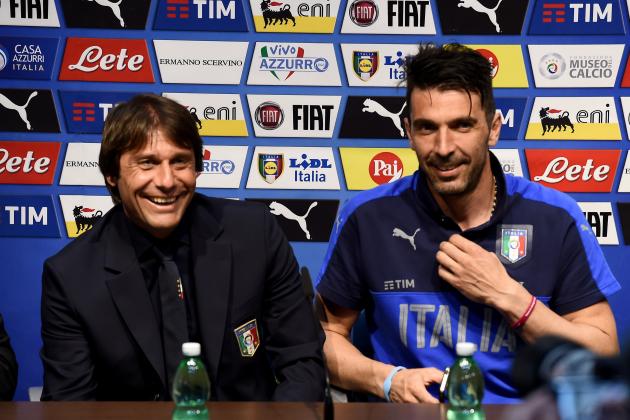 MALTA, MALTA - MAY 28: Head Coach Italy Antonio Conte (L) and Gianluigi Buffon during a press conference at Ta Qali Stadium on May 28, 2016 in Malta, Malta. (Photo by Claudio Villa/Getty Images)
