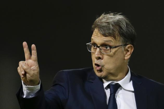 FILE - In this March 29, 2016, file photo, Argentina's coach Gerardo Martino gives instructions to his players during a 2018 World Cup qualifying soccer match against Bolivia in Cordoba, Argentina.(AP Photo/Natacha Pisarenko, File)