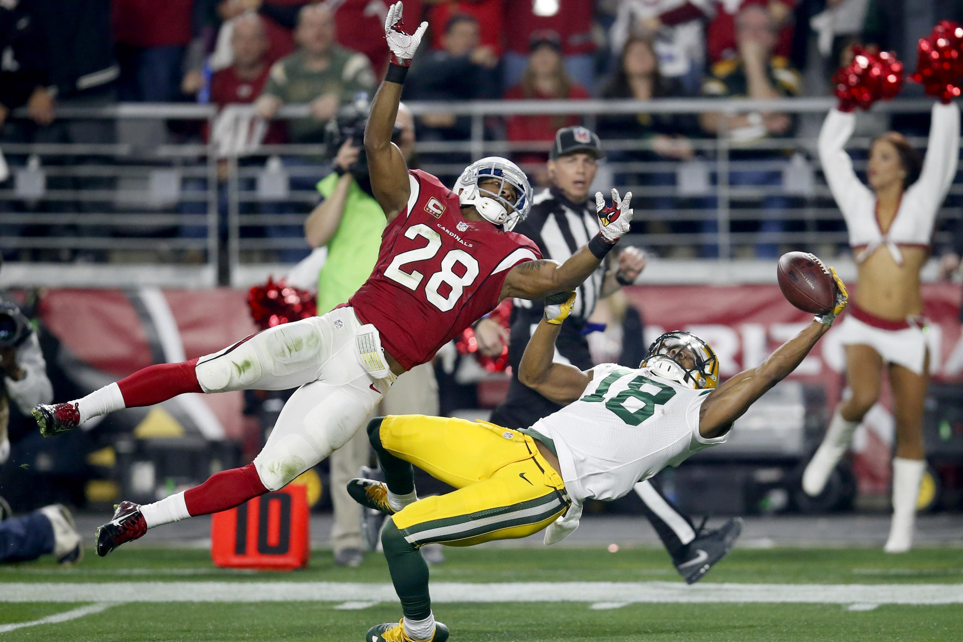 Green Bay Packers wide receiver Randall Cobb (18) reacts after making  yardage during the first quarter of an NFL game between the New York Giants  and the Green Bay Packers at the