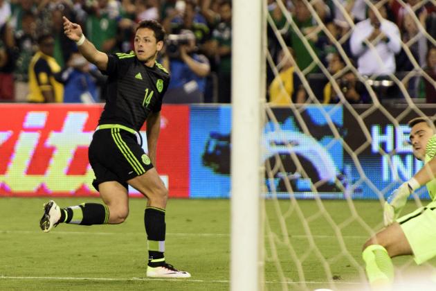 Jun 1, 2016; San Diego, CA, USA; Mexico forward Javier Hernandez (14) celebrates his goal against Chile during the second half at Qualcomm Stadium. Mexico won 1-0. Mandatory Credit: Kelvin Kuo-USA TODAY Sports