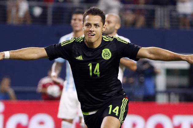 FILE - In this Sept. 8, 2015, file photo, Mexico's Javier Hernandez celebrates after scoring a penalty kick during a friendly soccer match against Argentina at the AT&T Stadium in Arlington, Texas. (AP Photo/Tony Gutierrez, File)