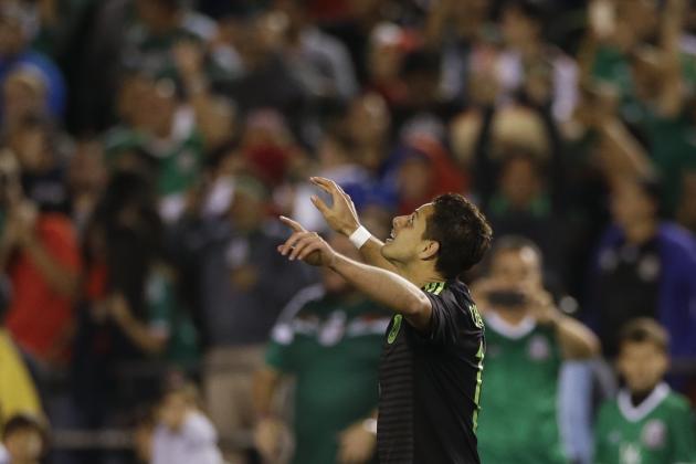 Mexico forward Javier Hernandez reacts after scoring during the second half of a soccer game against Chile Wednesday, June 1, 2016, in San Diego. (AP Photo/Gregory Bull)