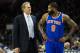 Apr 8, 2016; Philadelphia, PA, USA; New York Knicks head coach Kurt Rambis talks with forward Kyle O'Quinn (9) during the second quarter against the Philadelphia 76ers at Wells Fargo Center. Mandatory Credit: Bill Streicher-USA TODAY Sports