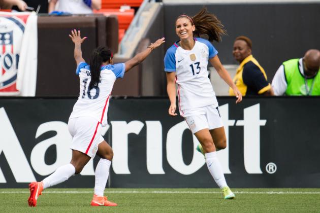 CLEVELAND, OH - JUNE 5: Crystal Dunn #16 celebrates with Alex Morgan #13 after Morgan of the U.S. Women's National Team scored with an assist by Dunn during the second half of a friendly match against Japan on June 5, 2016 at FirstEnergy Stadium in Cleveland, Ohio. (Photo by Jason Miller/Getty Images)