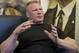 FILE - In this March 24, 2015, file photo, former UFC heavyweight champion Brock Lesnar speaks during an interview in Los Angeles. Lesnar decided this week to spurn an MMA return where he ruled for years as the heavyweight champion of both the cage and pay-per-view buyrates and signed a multi-year extension with WWE. (AP Photo/Damian Dovarganes, File)