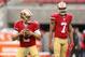 SANTA CLARA, CA - NOVEMBER 08: Colin Kaepernick #7 watches Blaine Gabbert #2 of the San Francisco 49ers warm up before their game against the Atlanta Falcons at Levi's Stadium on November 8, 2015 in Santa Clara, California. (Photo by Ezra Shaw/Getty Images)