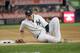 New York Yankees first baseman Chris Parmelee reacts after sustaining an injury during the seventh inning of a baseball game against the Los Angeles Angels Thursday, June 9, 2016, in New York. (AP Photo/Frank Franklin II)