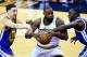 Jun 8, 2016; Cleveland, OH, USA; Cleveland Cavaliers forward LeBron James (23) drives to the basket against Golden State Warriors guard Klay Thompson (11) and forward Draymond Green (23) during the first quarter in game three of the NBA Finals at Quicken Loans Arena. Mandatory Credit: Bob Donnan-USA TODAY Sports