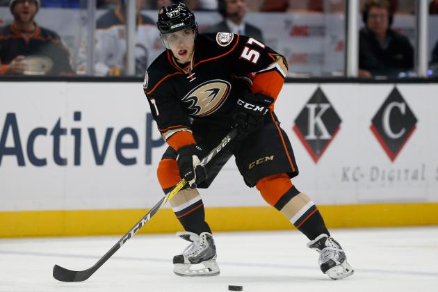 ANAHEIM, CA - FEBRUARY 24:  David Perron #57 of the Anaheim Ducks skates with the puck during the third period of a game against the Buffalo Sabres at Honda Center on February 24, 2016 in Anaheim, California.  (Photo by Sean M. Haffey/Getty Images)