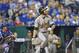 Apr 18, 2015; Kansas City, MO, USA; Oakland Athletics first basemen Ike Davis (17) at bat against the Kansas City Royals during the eighth inning at Kauffman Stadium. Mandatory Credit: Peter G. Aiken-USA TODAY Sports
