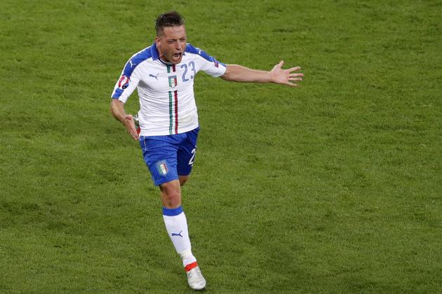 Italy's Emanuele Giaccherini celebrates after scoring his side's first goal during the Euro 2016 Group E soccer match between Belgium and Italy at the Grand Stade in Decines-Charpieu, near Lyon, France, Monday, June 13, 2016. (AP Photo/Michael Sohn)