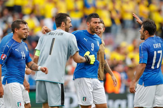 Italy goalkeeper Gianluigi Buffon, center left, celebrates with Graziano Pelle and Eder, right, at the end of the Euro 2016 Group E soccer match between Italy and Sweden at the Stadium municipal in Toulouse, France, Friday, June 17, 2016. Italy won 1-0. (AP Photo/Andrew Medichini)