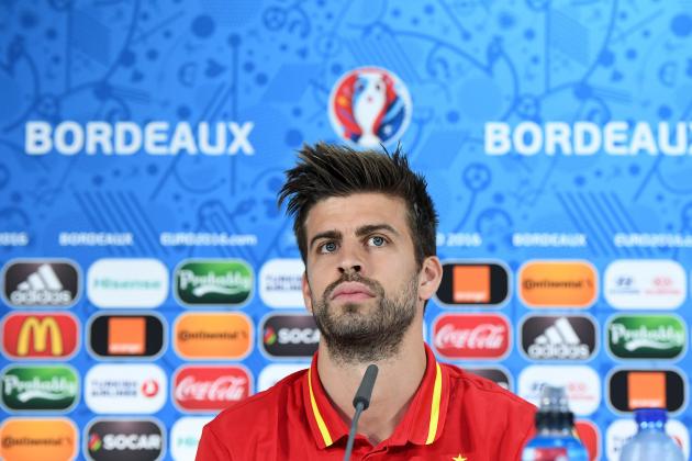 BORDEAUX, FRANCE - JUNE 20: In this handout image provided by UEFA, Gerard Pique of Spain answers questions from the media during a press conference on June 20, 2016 in Bordeaux, France. (Photo by Handout/UEFA via Getty Images)