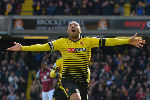 Watford's English striker Troy Deeney celebrates after scoring his second goal during the English Premier League football match between Watford and Aston Villa at Vicarage Road Stadium in Watford, north of London on April 30, 2016. / AFP / GLYN KIRK / RESTRICTED TO EDITORIAL USE. No use with unauthorized audio, video, data, fixture lists, club/league logos or 'live' services. Online in-match use limited to 75 images, no video emulation. No use in betting, games or single club/league/player publications.  /         (Photo credit should read GLYN KIRK/AFP/Getty Images)
