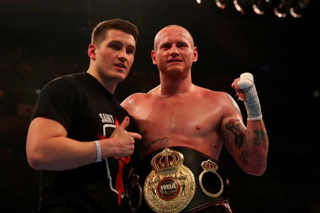 LONDON, ENGLAND - APRIL 09:  George Groves of England celebrates with the belt after defeating David Brophy of Scotland during the WBA International Super-Middleweight title fight at The O2 Arena on April 9, 2016 in London, England.  (Photo by Richard Heathcote/Getty Images)
