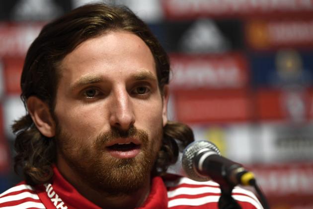 Wales' midfielder Joe Allen attends a press conference in Dinard, Western France, on June 18, 2016, during the Euro 2016 football tournament.   / AFP / DAMIEN MEYER        (Photo credit should read DAMIEN MEYER/AFP/Getty Images)