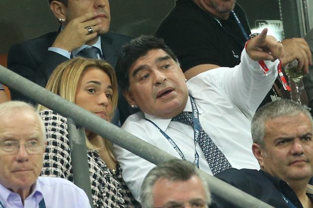 PARIS, FRANCE - JUNE 10: Diego Maradona and his girlfriend Rocio Oliva attend the UEFA Euro 2016 Group A opening match between France and Romania at Stade de France on June 10, 2016 in Saint-Denis near Paris, France. (Photo by Jean Catuffe/Getty Images)