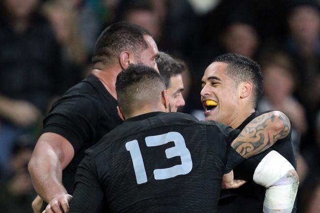 DUNEDIN, NEW ZEALAND - JUNE 25: Aaron Smith of New Zealand celebrates the try of George Moala  during the International Test match between the New Zealand All Blacks and Wales at Forsyth Barr Stadium on June 25, 2016 in Dunedin, New Zealand.  (Photo by Rob Jefferies/Getty Images)