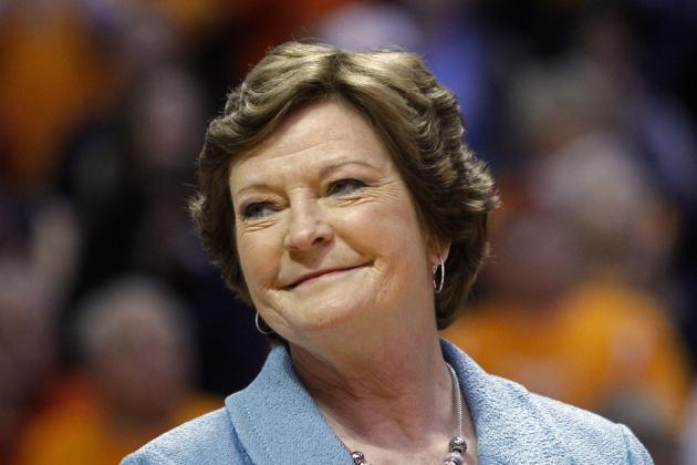FILE - In this Jan. 28, 2013 file photo, Tennessee head coach emeritus Pat Summitt smiles as a banner is raised in her honor before an NCAA college basketball game against Notre Dame, in Knoxville, Tenn. Summitt will remain the Tennessee women's basketball head coach emeritus next season and can continue holding the position as long as she wants it. That's according to a new contract signed in May and obtained Thursday night, July 3, 2014, through a public records request. It states that Summitt will have the title head coach emeritus
