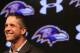 Baltimore Ravens head coach John Harbaugh laughs during an NFL football news conference at the team's practice facility in Owings Mills, Md., Thursday, Jan. 7, 2016. The team held the news conference to review the 2015 season and discuss the upcoming season. (AP Photo/Matt Hazlett)
