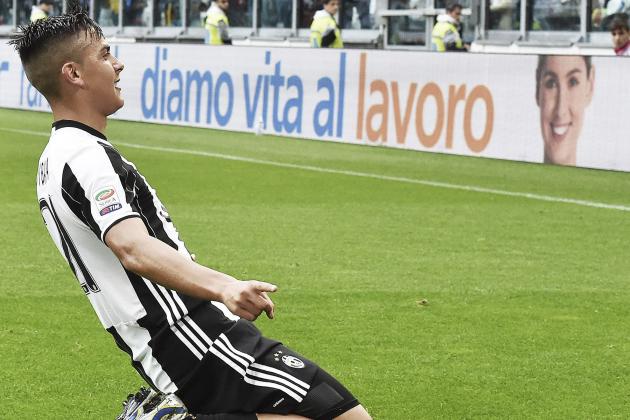 Juventus' Paulo Dybala celebrates after scoring during a Serie A soccer match between Juventus and Sampdoria, at the Turin Juventus stadium Saturday, May 14, 2016. (Alessandro Di Marco/ANSA via AP)