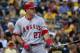 Los Angeles Angels' Mike Trout bats during the first inning of a baseball game against the Pittsburgh Pirates in Pittsburgh, Friday, June 3, 2016. The Angels won 9-2. (AP Photo/Gene J. Puskar)