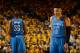 OAKLAND, CA - MAY 16: Kevin Durant #35 and Russell Westbrook #0 of the Oklahoma City Thunder during Game One of the Western Conference Finals during the 2016 NBA Playoffs against the Golden State Warriors on May 16, 2016 at ORACLE Arena in Oakland, California. NOTE TO USER: User expressly acknowledges and agrees that, by downloading and or using this Photograph, user is consenting to the terms and conditions of the Getty Images License Agreement. Mandatory Copyright Notice: Copyright 2016 NBAE (Photo by Noah Graham/NBAE via Getty Images)
