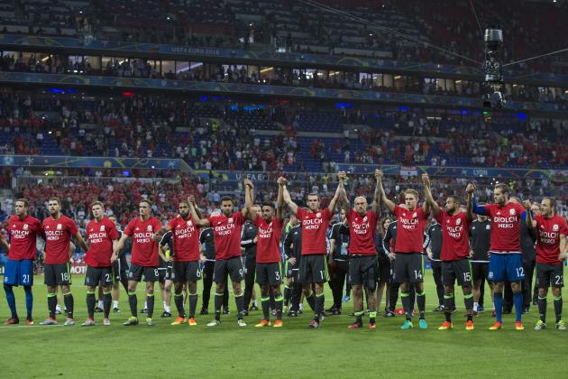 LYON, FRANCE - JULY 06:  Wales players salute the fans at full time during the UEFA Euro 2016 Semi-final match between Portugal and Wales at Stade de Lyon on July 06 in Lyon, France.  (Photo by Craig Mercer/CameraSport via Getty Images)