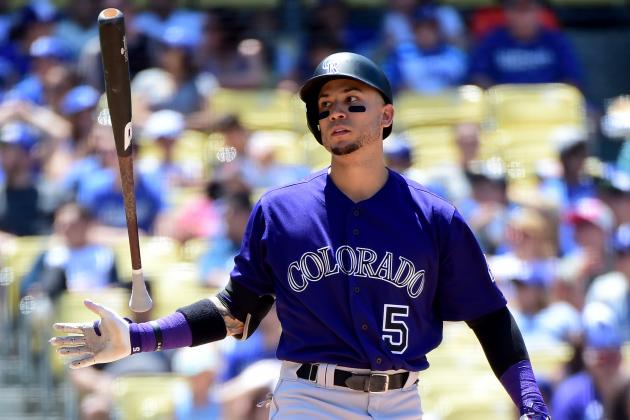 LOS ANGELES, CA - JULY 03: Carlos Gonzalez #5 of the Colorado Rockies reacts to a swinging strike during the fourth inning against the Los Angeles Dodgers at Dodger Stadium on July 3, 2016 in Los Angeles, California. (Photo by Harry How/Getty Images)