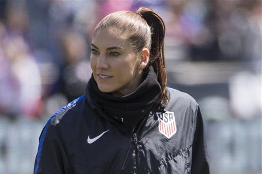 United States' Hope Solo (1) looks on prior to an international friendly soccer match against Colombia, Sunday, April 10, 2016, in Chester, PA. The United States won 3-0. (AP Photo/Chris Szagola)