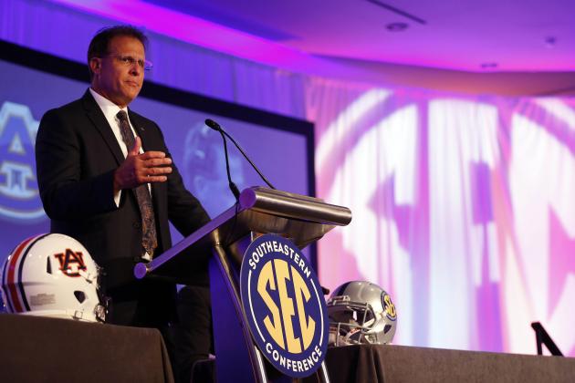 Jul 11, 2016; Hoover, AL, USA; Auburn Tigers head coach Gus Malzahn speaks during SEC media day at Hyatt Regency Birmingham-The Wynfrey Hotel. Mandatory Credit: Butch Dill-USA TODAY Sports