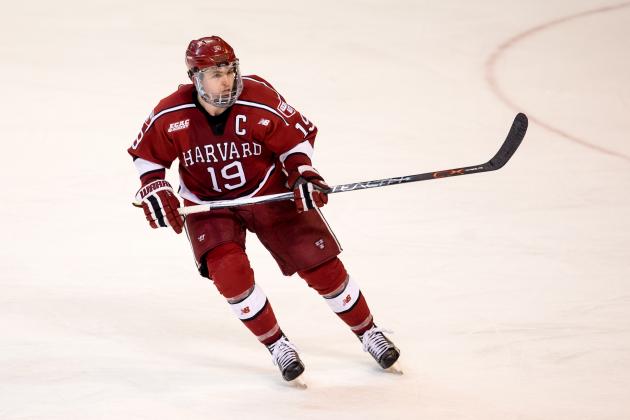 WORCESTER, MA - MARCH 25: Jimmy Vesey #19 of the Harvard Crimson skates against the Boston College Eagles during game two of the NCAA Division I Men's Ice Hockey Northeast Regional Championship Semifinals at the DCU Center on March 25, 2016 in Worcester, Massachusetts. The Eagles won 4-1. (Photo by Richard T Gagnon/Getty Images)
