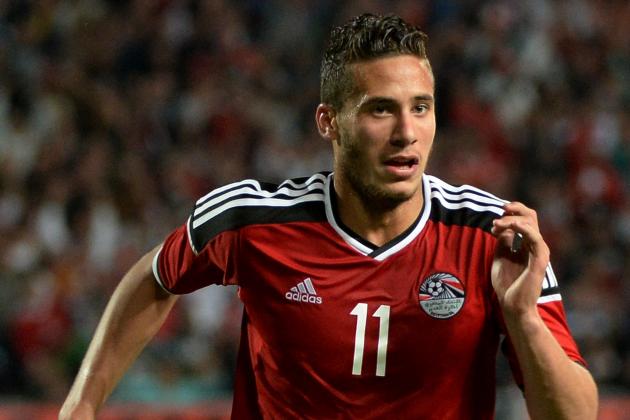 Egypt's Ramadan Sobhi celectats his goal against Nigeria during their African Cup of Nations group G qualification football match between Egypt and Nigeria at the Borg el-Arab Stadium in Alexandria on March 29, 2016. / AFP / KHALED DESOUKI        (Photo credit should read KHALED DESOUKI/AFP/Getty Images)