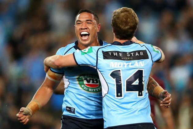 SYDNEY, AUSTRALIA - JULY 13:  Tyson Frizell of the Blues celebrates scoring a try during game three of the State Of Origin series between the New South Wales Blues and the Queensland Maroons at ANZ Stadium on July 13, 2016 in Sydney, Australia.  (Photo by Cameron Spencer/Getty Images)
