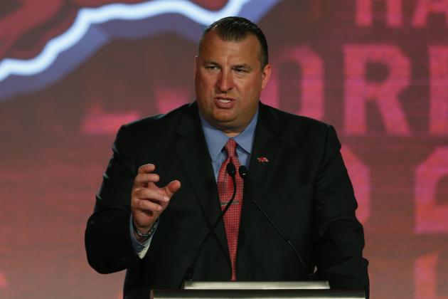 Jul 13, 2016; Hoover, AL, USA; Arkansas head coach Bret Bielema speaks to the media during SEC media day at Hyatt Regency Birmingham-The Wynfrey Hotel. Mandatory Credit: Butch Dill-USA TODAY Sports