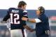 FOXBORO, MA - JANUARY 16: Tom Brady #12 and head coach Bill Belichick of the New England Patriots shake hands at the start of the AFC Divisional Playoff Game against the Kansas City Chiefs at Gillette Stadium on January 16, 2016 in Foxboro, Massachusetts. (Photo by Maddie Meyer/Getty Images)