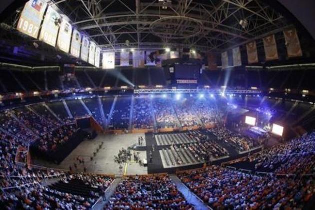 People wait in Thompson-Boling Arena for the start of a ceremony to celebrate the life of former Tennessee women's basketball coach Pat Summitt Thursday, July 14, 2016, in Knoxville, Tenn. Summitt died June 28 at the age of 64. (AP Photo/Mark Humphrey, Pool)