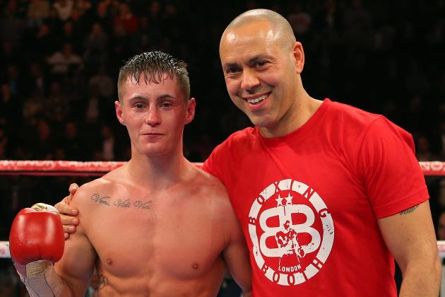 MANCHESTER, ENGLAND - NOVEMBER 21: Ryan Burnett and trainer Adam Booth following the fight against Jason Booth during their British Bantamweight bout at the Manchester Arena on November 21, 2015 in Manchester, England. (Photo by Dave Thompson/Getty Images)