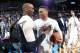 LOS ANGELES, CA - APRIL 11: Kobe Bryant #24 of the Los Angeles Lakers and Russell Westbrook #0 of the Oklahoma City Thunder are seen after the game on April 11, 2016 at the Chesapeake Energy Arena in Oklahoma City, Oklahoma. NOTE TO USER: User expressly acknowledges and agrees that, by downloading and/or using this Photograph, user is consenting to the terms and conditions of the Getty Images License Agreement. Mandatory Copyright Notice: Copyright 2016 NBAE (Photo by Andrew D. Bernstein/NBAE via Getty Images)
