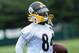 Pittsburgh Steelers wide receiver, Antonio Brown runs with the ball during NFL football minicamp in Pittsburgh, Wednesday, June 15, 2016 . (AP Photo/John Heller)