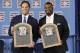National Baseball Hall of Fame inductees Mike Piazza, left, and Ken Griffey Jr. hold their plaques after an induction ceremony at the Clark Sports Center on Sunday, July 24, 2016, in Cooperstown, N.Y. (AP Photo/Mike Groll)