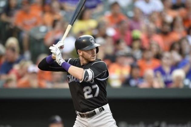 Colorado Rockies' Trevor Story bats during a baseball game against the Baltimore Orioles, Tuesday, July 26, 2016, in Baltimore. (AP Photo/Nick Wass)