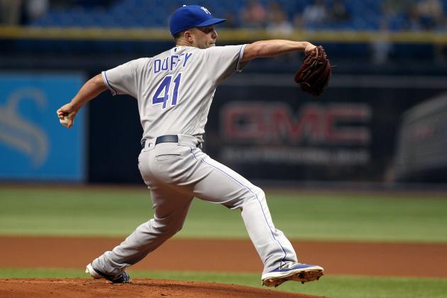 ST. PETERSBURG, FL - AUGUST 1:  Danny Duffy #41 of the Kansas City Royals pitches during the first inning of a game against the Tampa Bay Rays on August 1, 2016 at Tropicana Field in St. Petersburg, Florida. (Photo by Brian Blanco/Getty Images)