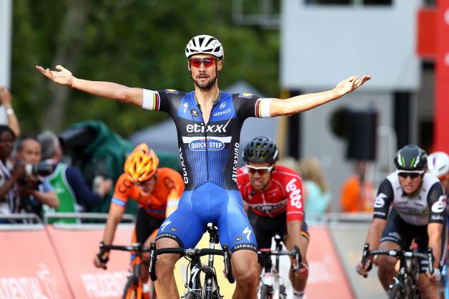 LONDON, ENGLAND - JULY 31: Belgium's Tom Boonen of Etixx - Quick Step celebrates after winning the sprint during the Prudential RideLondon Surrey Classic on July 31, 2016 in London, England. (Photo by Charlie Crowhurst/Getty Images)